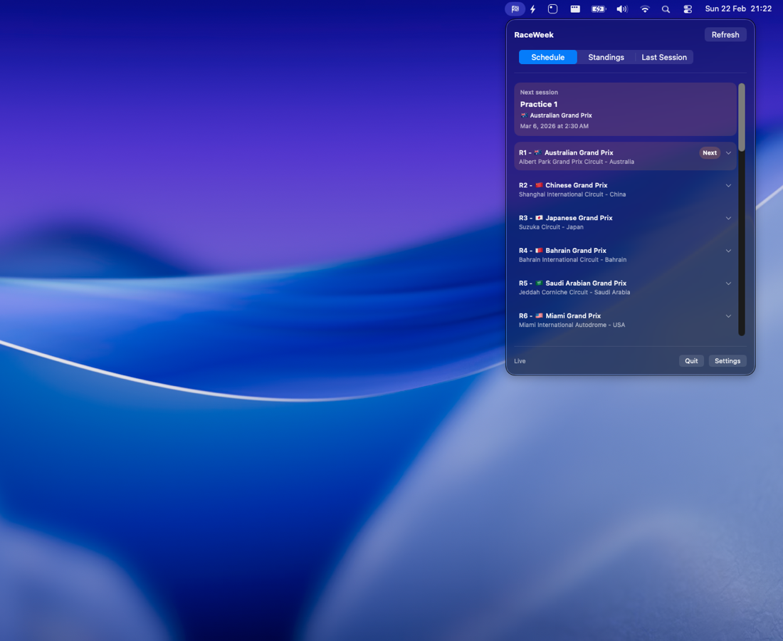 RaceWeek menu bar app open on macOS showing schedule and upcoming sessions.